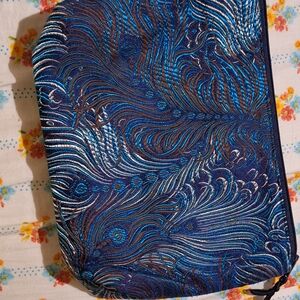 Blue Peacock-Pattern Cosmetic Bag - Unbranded